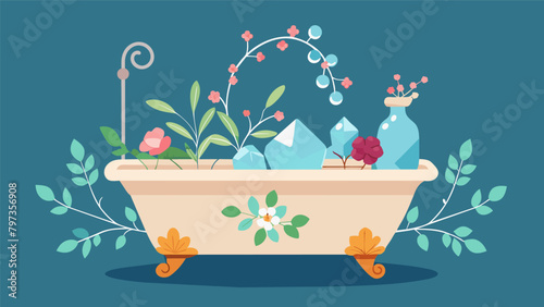 A vintage bathtub adorned with a variety of trailing vines and a collection of crystal and ceramic vases filled with fragrant flowers..