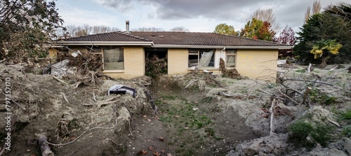 Obraz na plátně Silt and house buried and damaged in the Cyclone Gabrielle natural disaster
