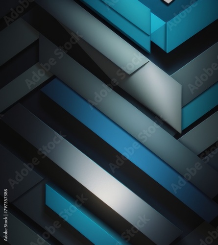 A sleek and modern background with geometric patterns in shades of blue, grey, black, and silver. 