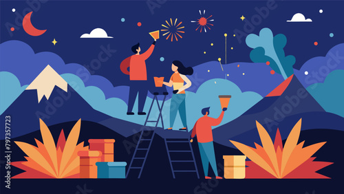 The crisp night air is filled with anticipation and excitement as the fireworks setup crew adds the final touches to their masterpiece.. Vector illustration
