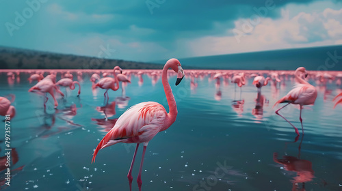 The vibrant colors of a flock of flamingos adorning the waters of a Maasai Mara National Reserve lake, their graceful postures and delicate movements captured in stunning HD clarity,