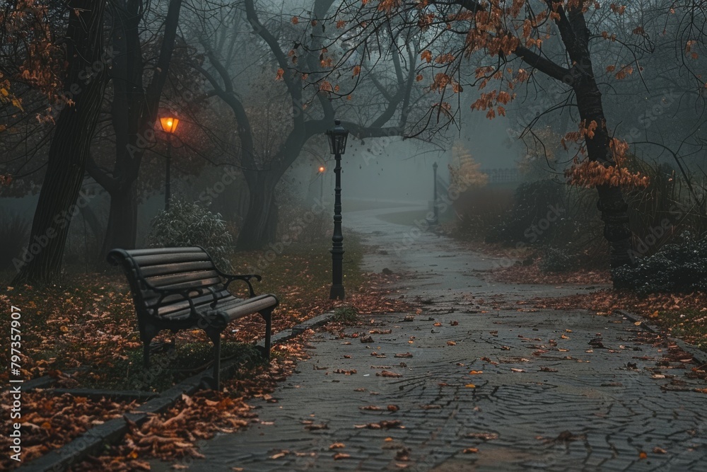 Autumnal dark and cold park in the fog. Autumn cool weather and atmosphere concept
