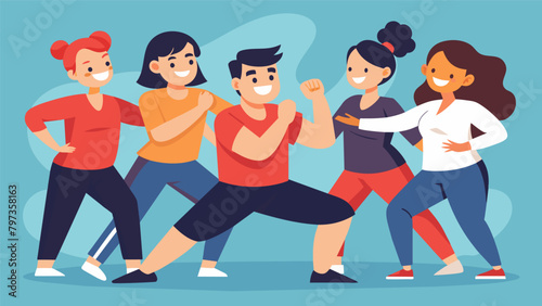 A group of individuals laughing and bonding as they engage in partner drills during a martial arts class promoting social and emotional