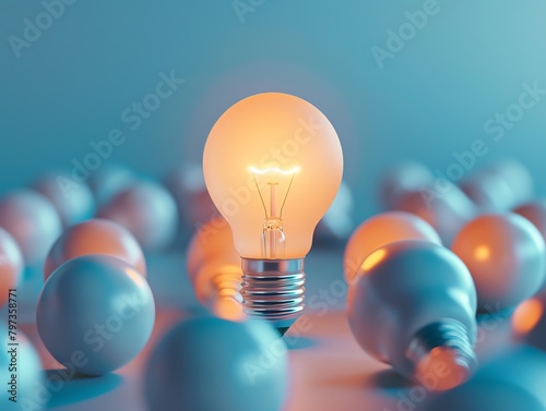 A light bulb surrounded by unlit light bulbs.