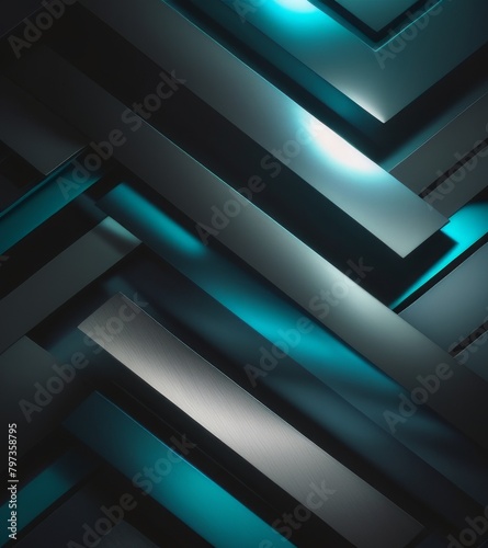 A sleek and modern background with geometric patterns in shades of blue, grey, black, and silver. 