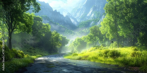 A winding road cuts through a dense forest, leading the viewer deeper into the tranquil wilderness. Towering trees create a canopy above, with distant mountains visible in the background.