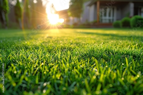 The perfect fresh green lawn next to an American house. The concept of lawn care. 