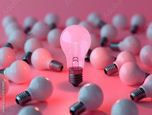 A pink light bulb stands out among a group of white light bulbs.