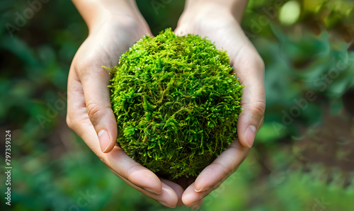 Sustainable Future: Hands Holding a Lush Green Moss Ball in Forest Setting © katobonsai