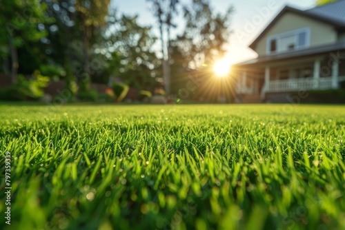 The perfect fresh green lawn next to an American house. The concept of lawn care. 