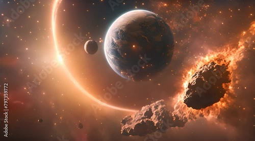 Group of comet in space and sun and earth background