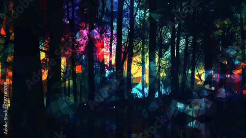 An abstract journey through a forest at night, where shapes and colors blend to suggest the mystery and allure of nature in darkness