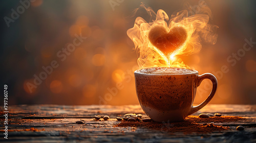 Cup of tea coffee with heart-shaped steam. Valentine's Day celebration or love concept. Copy space