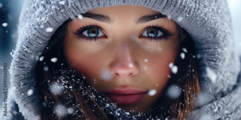 Woman with blue eyes and gray hooded coat