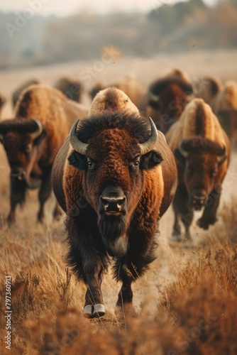 Buffalo is walking in field with other buffalo
