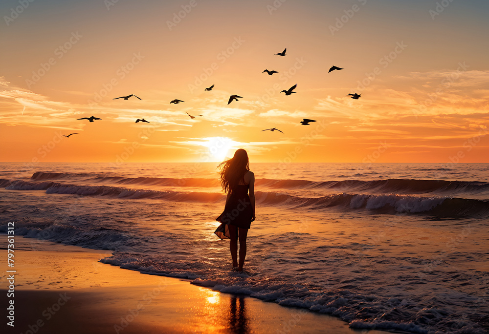 person walking on the beach at sunrise