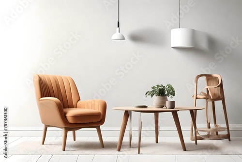 Stylish armchair and table near light wall © Maryam