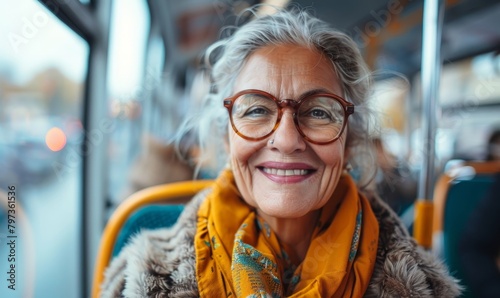 Portrait of a happy senior woman traveling by bus taking public transportation to reduce air pollution, Generative AI