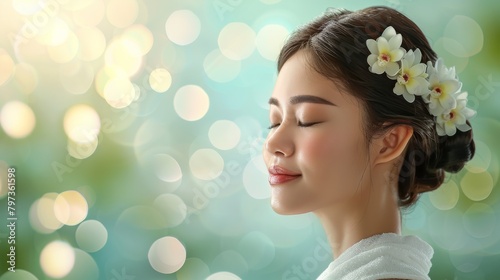 A woman with a flower headband is sitting with her eyes closed photo