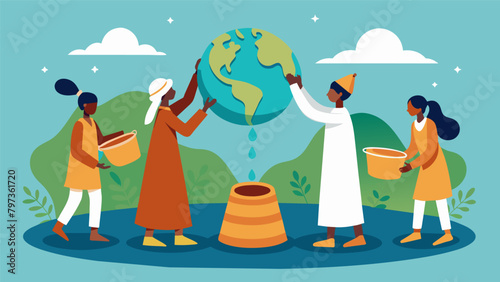 A libation water ceremony with each person pouring water onto the earth as a way to give thanks and honor their ancestors.. Vector illustration