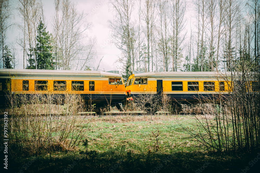 electric train on railway tracks in a forest environment in Latvia