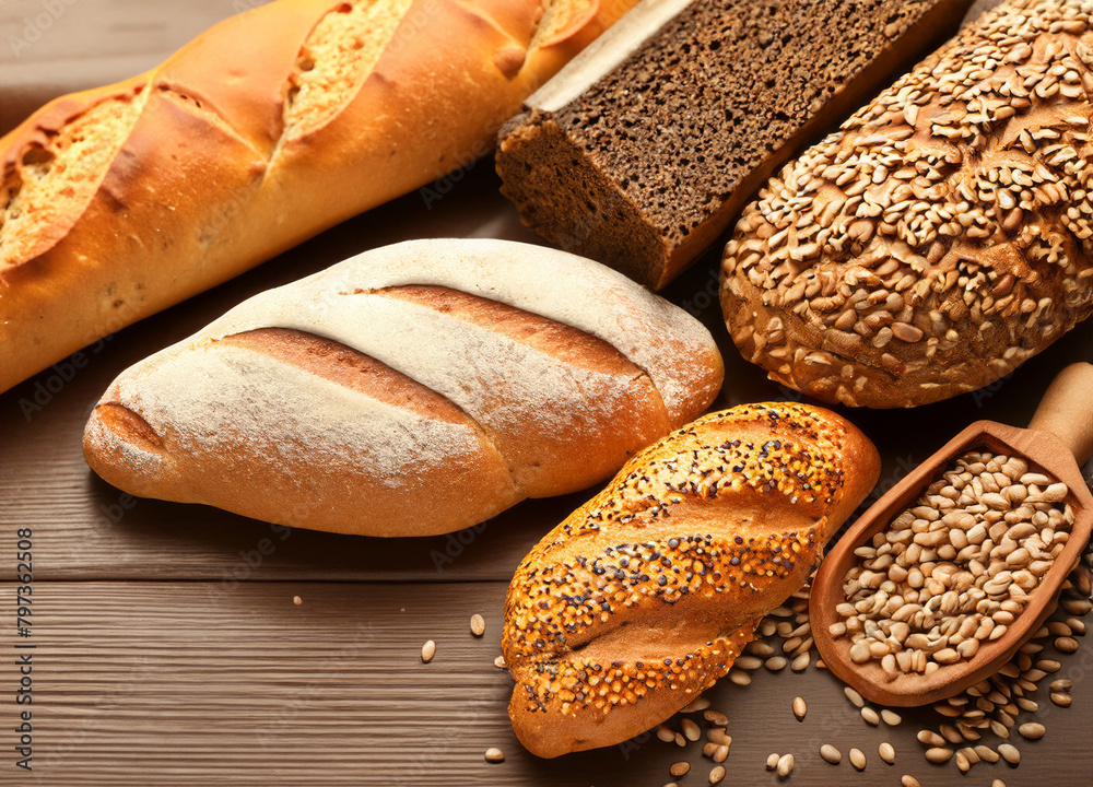 Different kinds of bread with nutrition whole grains on wooden table