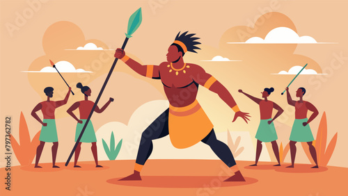 A Zulu warrior armed with a traditional spear participating in a martial arts demonstration alongside a group of capoeira practitioners