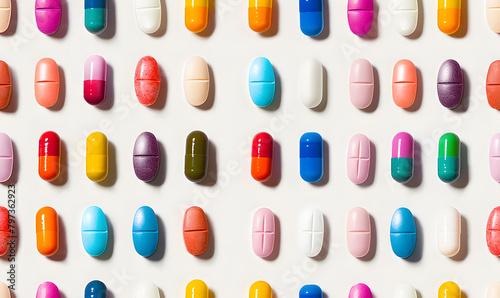 Assorted pharmaceutical medicine pills tablets seamless pattern © katobonsai
