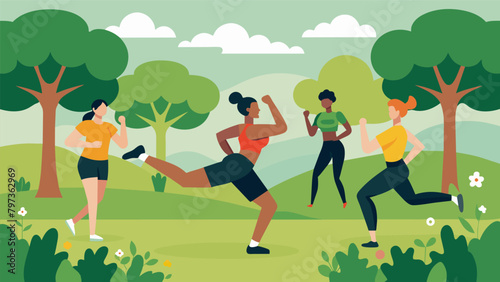 A kickboxing class held outdoors in a park with trees and greenery in the background providing a refreshing and natural environment for