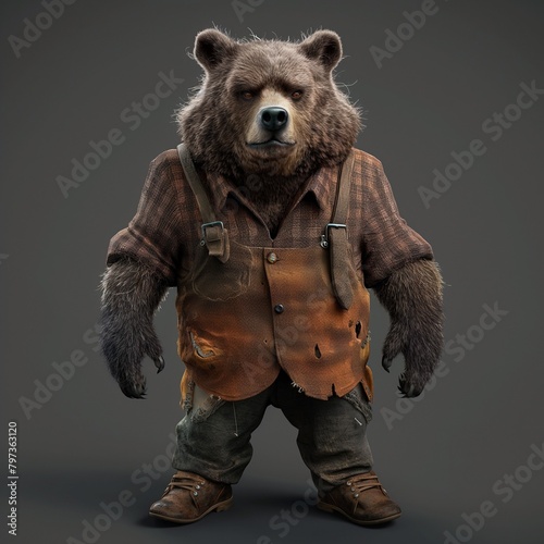 Una extraña imagen de un oso antropomórfico, vestido como leñador photo