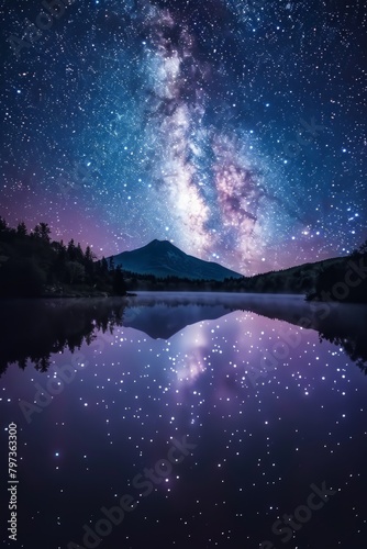 A majestic mountain rises in the background as a lake reflects the star-filled night sky.