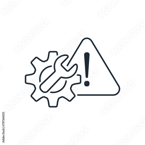 Troubleshooting and technical support concept with gear wheel.Vector linear icon isolated on white background.