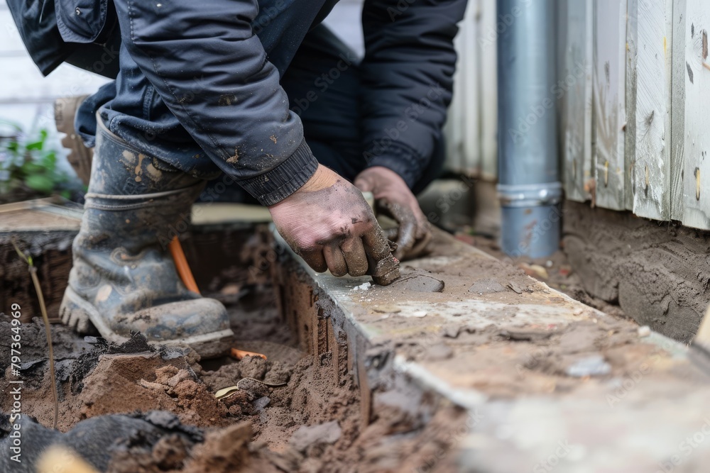 A close-up of a home inspector checking the foundation of a property A close-up of a home inspector checking the foundation of a property