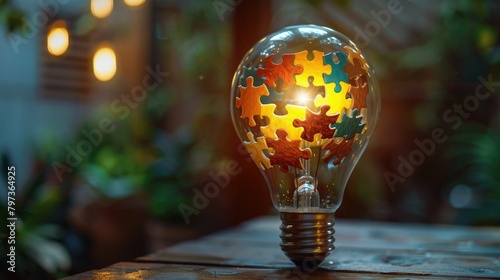A light bulb with puzzle pieces fitting together inside, representing problem-solving