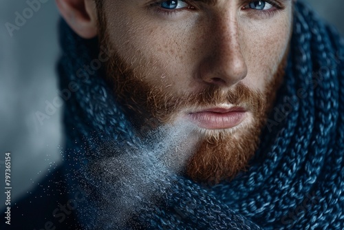 A man with a striking beard enveloped in a vibrant blue scarf, exuding a sense of mystery and contemplation.