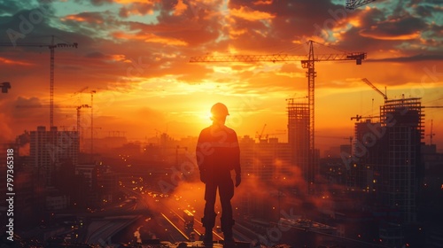 A man stands on a bridge overlooking a city at sunset