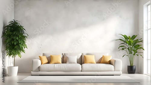  Bright and cozy modern living room interior have sofa and plant with white plaster wall 