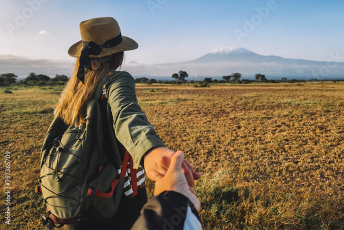 Cuadro en lienzo first person view of happy attractive woman her standing on background Kilimanjaro volcano and African savannah