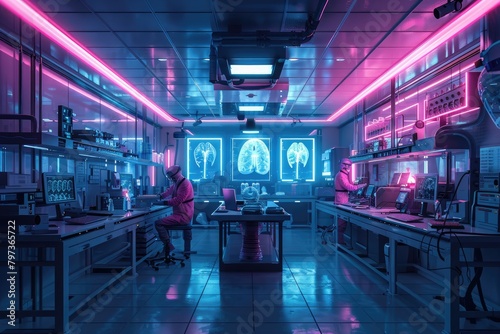 High-Tech Medical Research Facility with Neon Lights.