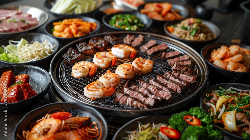 A large assortment of food is displayed on a grill, including shrimp, steak, and vegetables. The presentation is colorful and appetizing, with a variety of textures and flavors A large assortment of food is displayed on a grill, including shrimp, steak, and vegetables. The presentation is colorful and appetizing, with a variety of textures and flavors