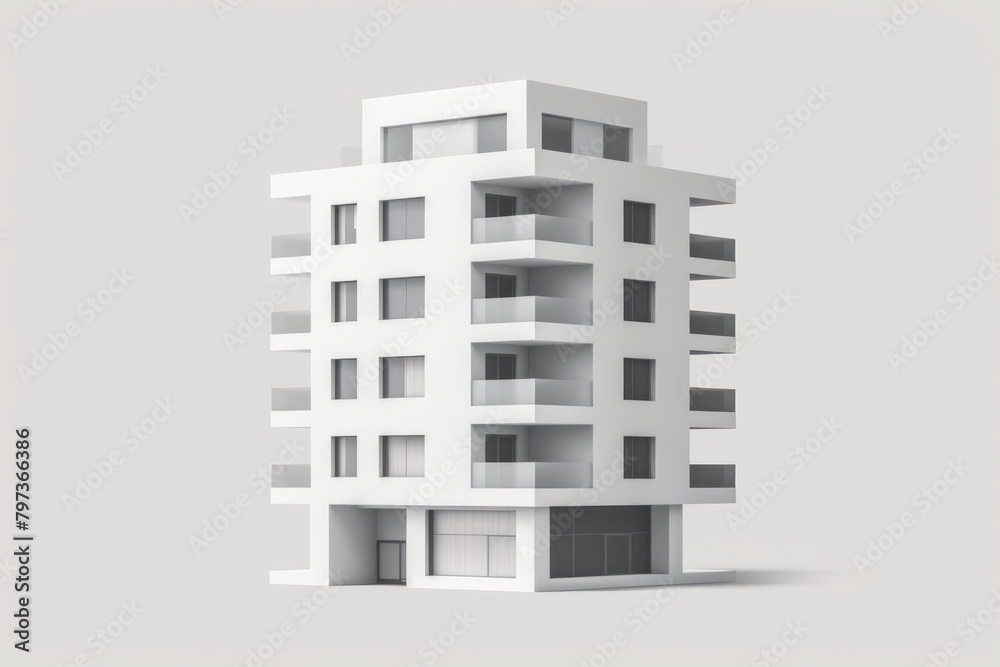 A 3D model of a four-story apartment building with a modern minimalist design A 3D model of a four-story apartment building with a modern minimalist design