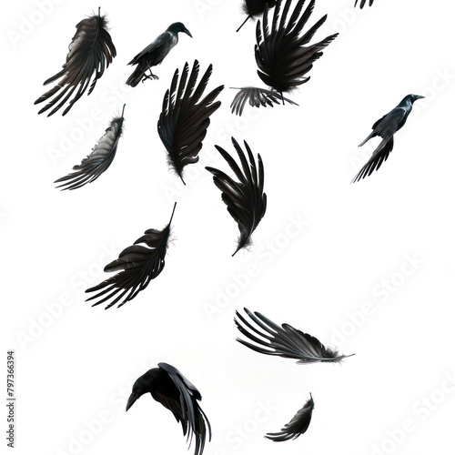 Crow feathers falling in air  isolated on transparent png.