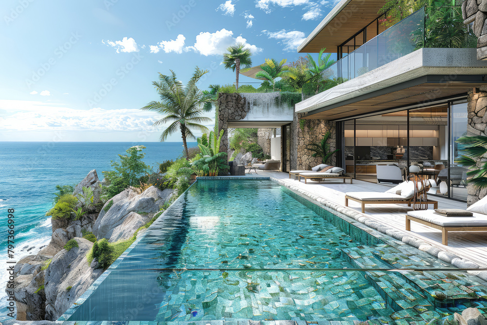 Modern mansion with infinity pool and ocean view in a caribbean setting, beige stone walls, glass windows, large flat roof, concrete and wood accents. Created with Ai