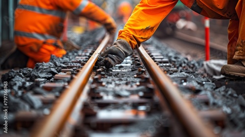 Two men in orange work clothes are working on railroad tracks photo