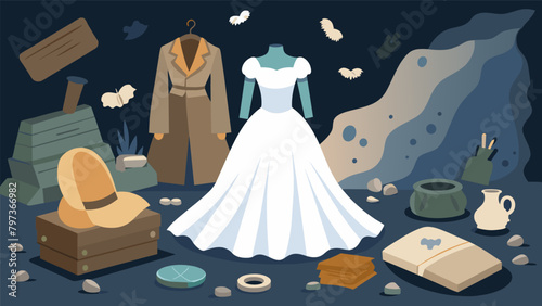 A old clothes and relics we stumbled upon a worn wedding dress learning about the love story of our greatgrandparents.. Vector illustration