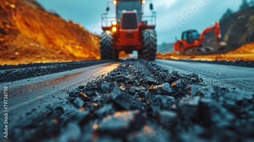 A red construction vehicle is driving on a road with a lot of rocks and debris