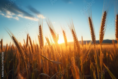 a wheat field with the sun setting behind it © Balaraw