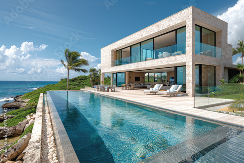 A modern mansion with an infinity pool, overlooking the ocean in St Lutheran Island, Caribbean style, in the style of minimalist architecture, beige and blue colors, stone walls and glass windows.  photo