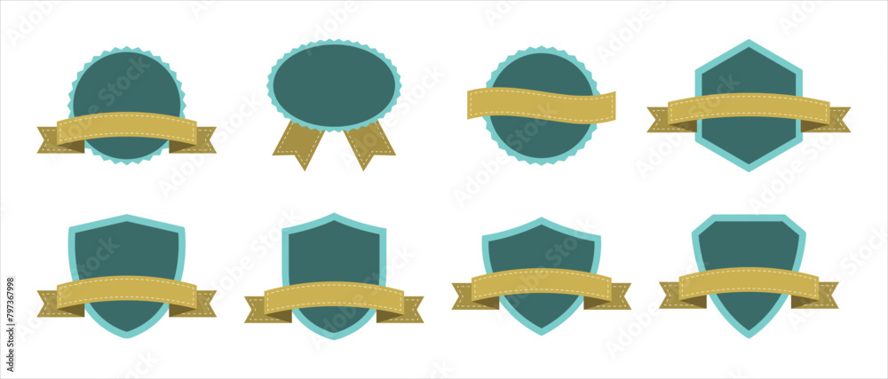 Shield with stitched ribbon template and elements for logo design in flat vector. Shield logo with ribbon. Elements for Logos. Shield and ribbon collection logo elements set. Vector logo Shield with stitched ribbon template and elements for logo design in flat vector. Shield logo with ribbon. Elements for Logos. Shield and ribbon collection logo elements set. Vector logo