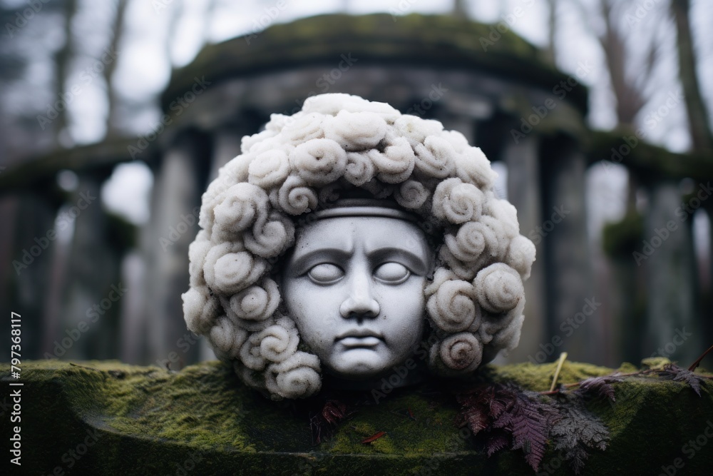 a statue of a woman with a flowered head